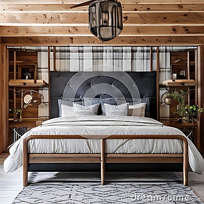 10 A cozy, rustic bedroom with a mix of wooden and plaid finishes, a classic wooden bed frame, and a mix of patterned and solid Stock Photo