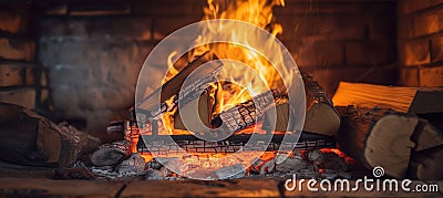 Cozy rustic fireplace with burning firewood creating warm and inviting ambiance Stock Photo