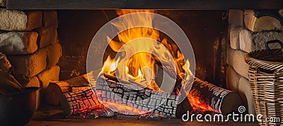 Cozy rustic fireplace with burning firewood creating warm and inviting ambiance Stock Photo