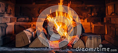 Cozy rustic fireplace with burning firewood creating warm and inviting ambiance Stock Photo