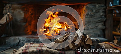 Cozy rustic fireplace with burning firewood creating warm and inviting ambiance Stock Photo