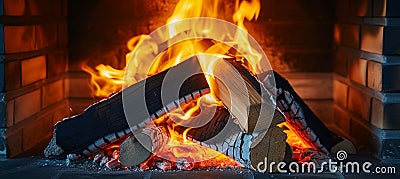 Cozy rustic fireplace with burning firewood creating warm and inviting ambiance Stock Photo