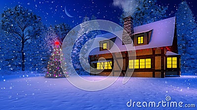 Cozy rustic house and christmas tree at snowing night Cartoon Illustration