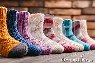 In a cozy, rustic room, a close-up reveals an array of knitted socks featuring various textures and patterns, Generated AI Stock Photo