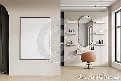 Cozy salon interior with chair and accessories, window and mockup frame Stock Photo