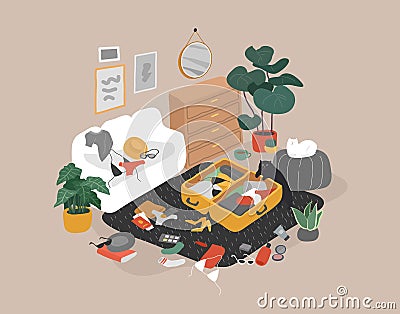 Cozy scandinavian home interior with packing suitcase and preparing for travel. Happy traveler getting ready for summer Vector Illustration