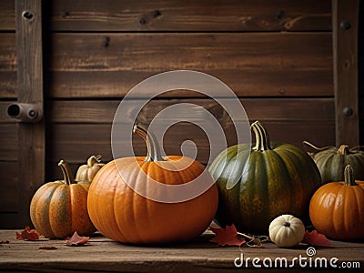 Thanksgiving day autumnal still life with pumpkins on old wooden Stock Photo