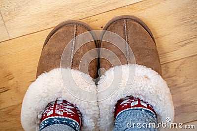 Cozy sherpa leather house slipperes with warm knit socks. Feet in slippers on wood floor. Room for copy space Stock Photo