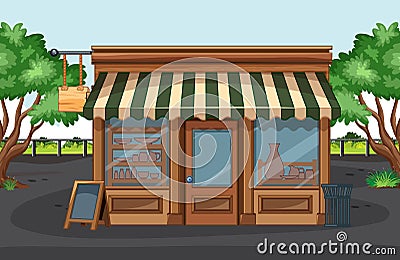 Cozy shop with green striped Vector Illustration