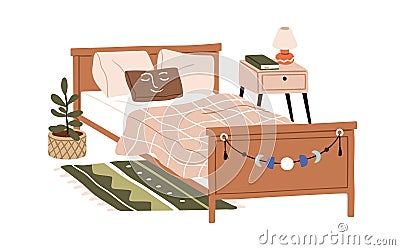 Cozy single bed in modern home bedroom interior. Comfortable pillows, cushions, duvet, blanket, lamp and book on Vector Illustration