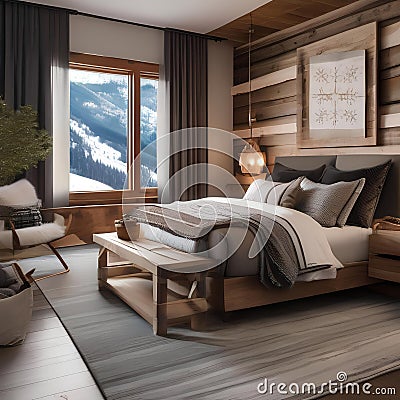 A cozy ski resort-inspired bedroom with wooden accents, snowflake decor, and cozy textiles3 Stock Photo