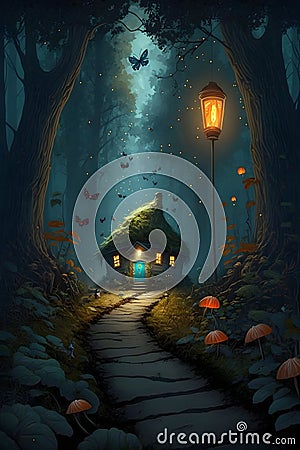 Cozy small house glowing in the night in the magical forest. Fairytale background. Generated AI Stock Photo