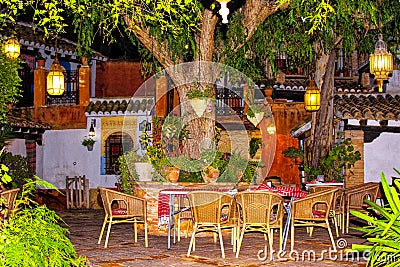 Cozy snack bar Oasis with beautiful flowers and trees lit by candle lights at calm night in Murcia, Spain Editorial Stock Photo
