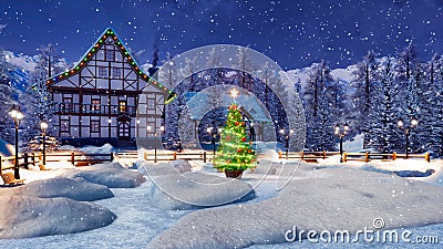 Cozy snowbound mountain town at Christmas night Cartoon Illustration