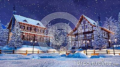 Snowbound european town at snowfall winter night Cartoon Illustration