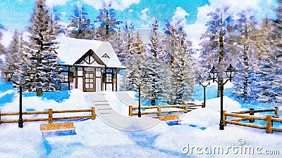 Cozy snowbound house at winter day in watercolor Stock Photo