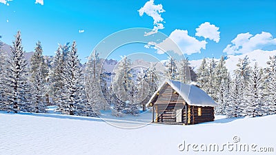 Cozy snowbound mountain cabin at clear winter day Cartoon Illustration