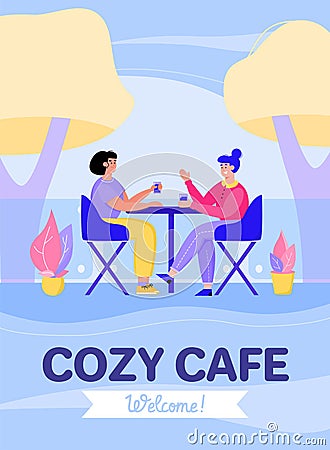 Cozy street cafe card with dining girls, flat cartoon vector illustration. Vector Illustration