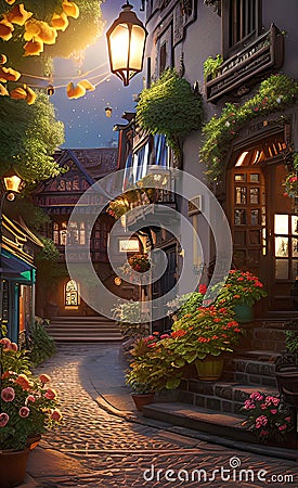 Cozy street in the old town in the evening with street lamps, Cartoon Illustration