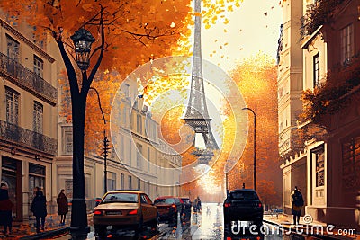 Cozy street of Paris with a view of the Eiffel Tower. AI generated Stock Photo