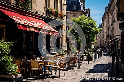 Cozy street with tables of cafe in Montmartre in Paris, France Stock Photo