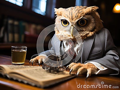 Owl in suit reading book on desk Stock Photo