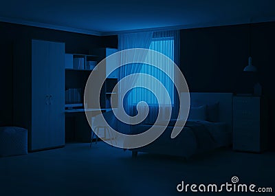 Cozy stylish bedroom designed for a teenager. Night. Evening lighting. Stock Photo