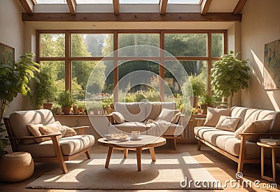 A cozy, sun-drenched living room with plush, neutral-toned furniture Stock Photo