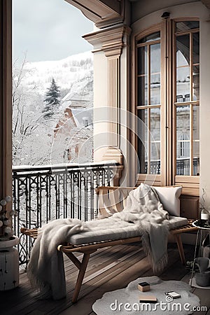 Cozy terrace with coach at mountain resort in winter Stock Photo