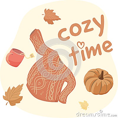 Cozy time lettering. Knitted sweater, orange pumpkin, hot tea and autumn leaves. Fall vibes, boho, home design, Halloween. Vector Illustration