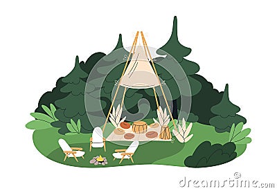 Cozy tipi in forest. Comfortable glamping, glamorous camping with teepee and armchairs, fire on summer holiday. Luxury Vector Illustration