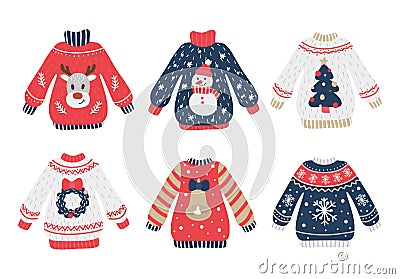 Cozy and ugly knitted sweaters christmas set Vector Illustration