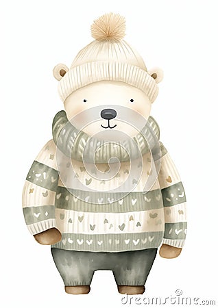 Cozy Up to Winter Savings: Striped White Bear in a Cheerful Swea Cartoon Illustration