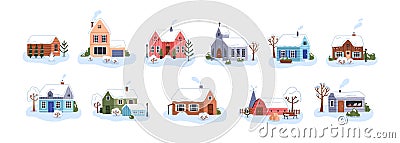 Cozy village houses on winter holiday. Small country homes, little countryside buildings exterior with chimney and roofs Vector Illustration