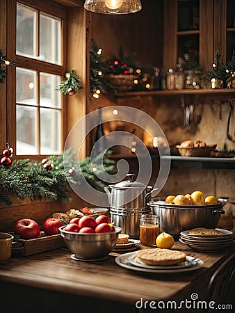 Cozy village kitchen with Christmas decor, new Year's mood, preparing for the holiday, utensils. Stock Photo