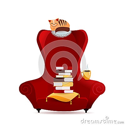 Cozy vintage armchair with stack of books, cat character lying on backrest chair, tea mag.Interior element of home library. Cartoon Illustration