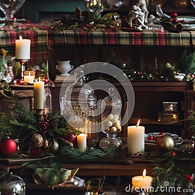 Cozy vintage Christmas red and green colors background. Stock Photo