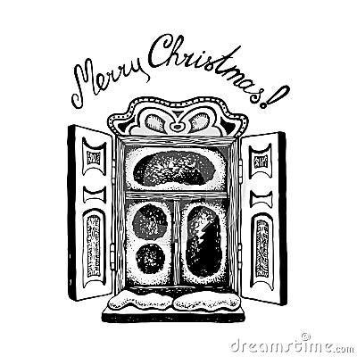 Cozy vintage snowy window with Christmas inscription hand drawn Cartoon Illustration