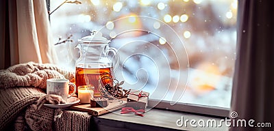 Cozy warm Christmas arrangement with a cup of hot tea, a cozy blanket and Christmas decorations by the window on a sunny winter Stock Photo