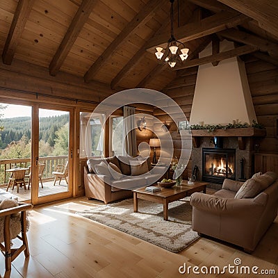 cozy warm home interior of a chic country house with an open plan, wood finishes, warm colors and a hearth view of Stock Photo