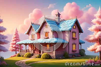 cozy warm house of pastel pink color in warm colors with a roof made of warm fur Stock Photo