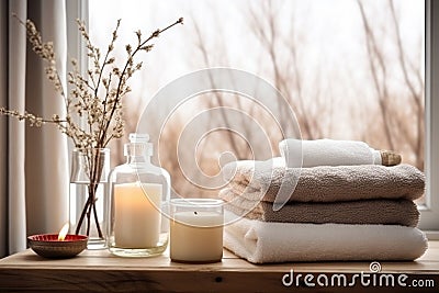 cozy wellness corner with plush towels and winter theme Stock Photo