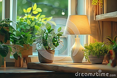 Cozy Window Sill Scene with Plants and Lamp AI Generated Stock Photo