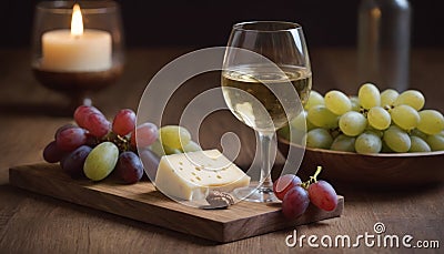 Cozy wine tasting setting glass of white wine, cheese, and grapes. A warm and inviting atmosphere for a relaxed evening Stock Photo