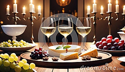 Cozy wine tasting setting glasses of white wine, cheese, and grapes. A warm and inviting atmosphere for a relaxed Stock Photo