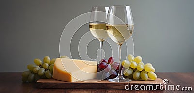 Cozy wine tasting setting two glasses of white wine, cheese, and grapes. A warm and inviting atmosphere for a relaxed Stock Photo