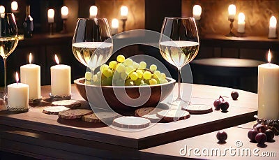 Cozy wine tasting setting two glasses of white wine, cheese, and grapes. A warm and inviting atmosphere for a relaxed Stock Photo