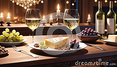 Cozy wine tasting setting two glasses of white wine, cheese, and grapes. A warm and inviting atmosphere for a relaxed Stock Photo