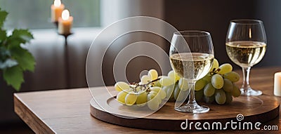 Cozy wine tasting setting two glasses of white wine, cheese, and grapes. A warm and inviting atmosphere for a relaxed Stock Photo