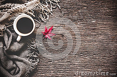 Cozy winter background, cup of hot coffee Stock Photo